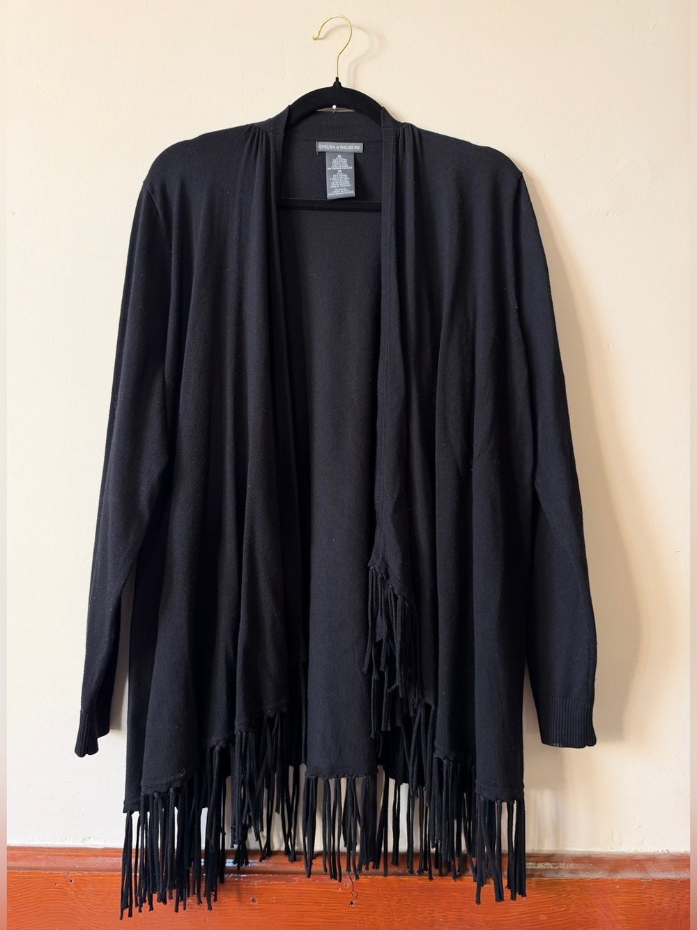 Chelsea & Theodore Black Fringe Cardigan XL Open Front Drape Boho Western